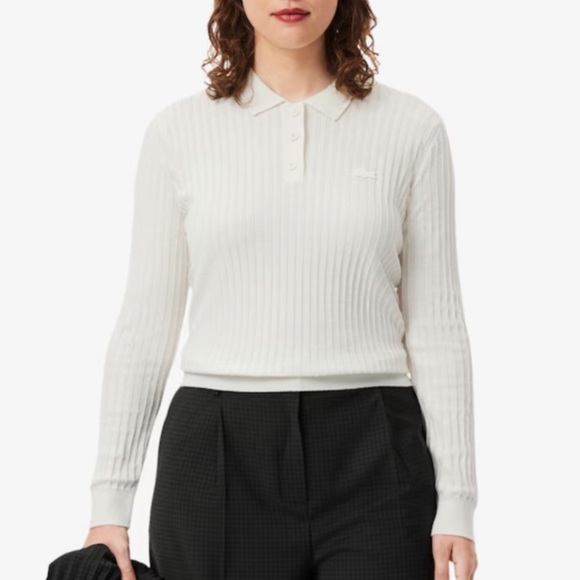 42. LACOSTE Women's Regular Fit Ribbed Knit Polo White Cream Sz 34 - Picture 2 of 4